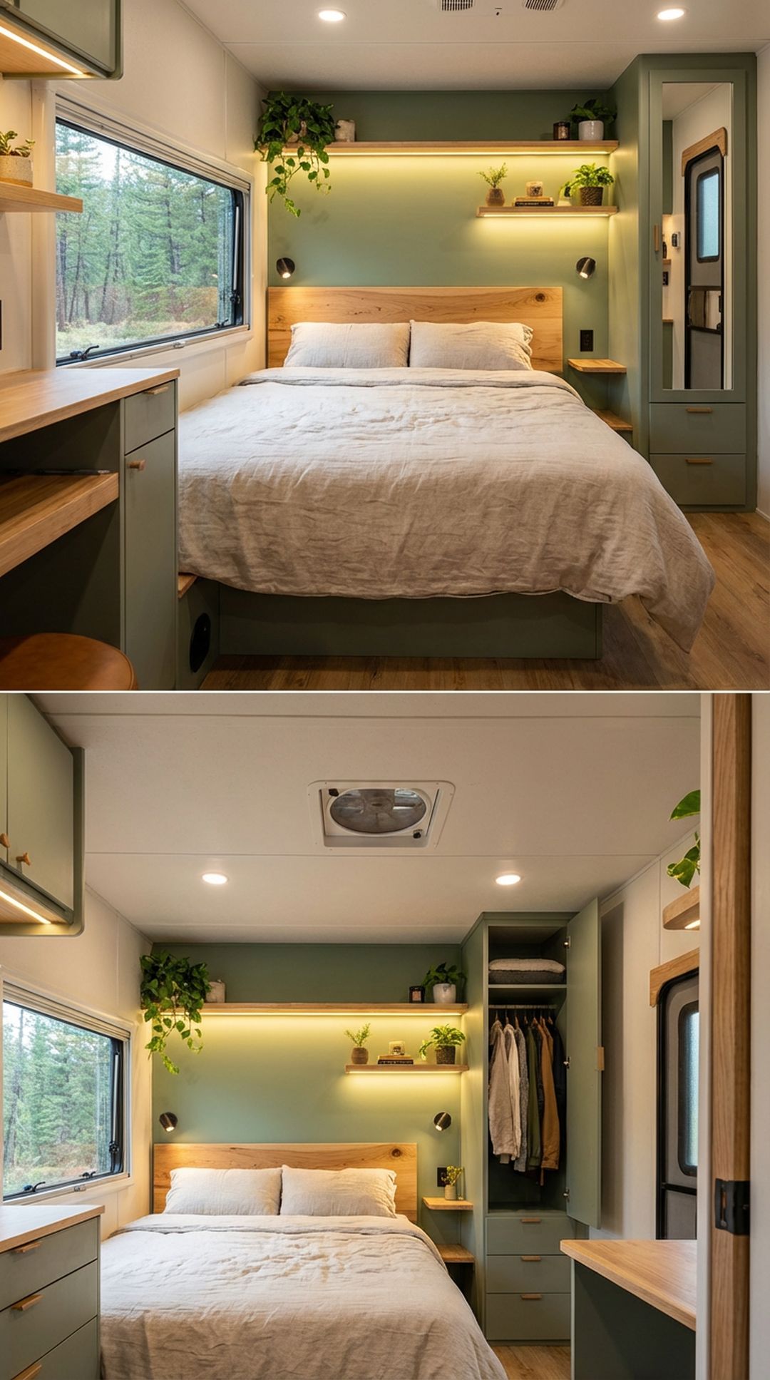 Sage green painted accent wall in RV bedroom