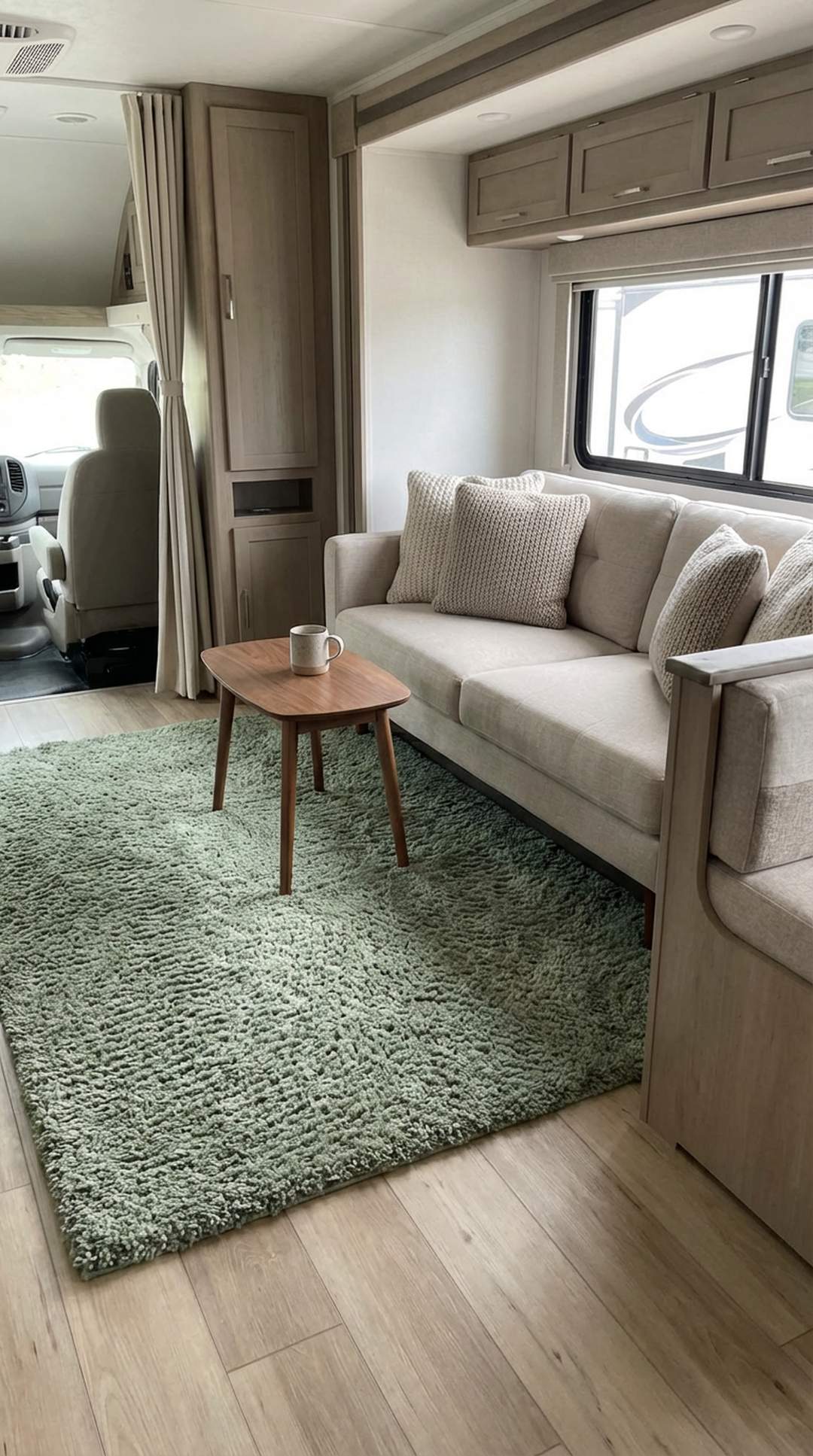 Sage green area rug in RV living space