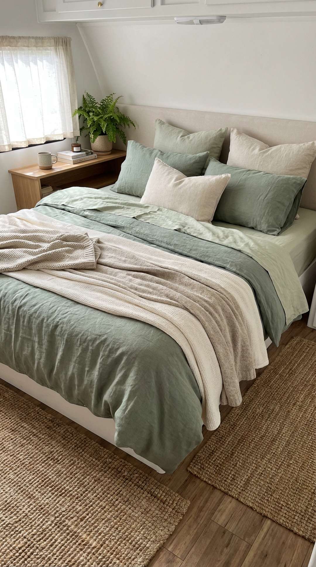Sage green bedding in RV bedroom