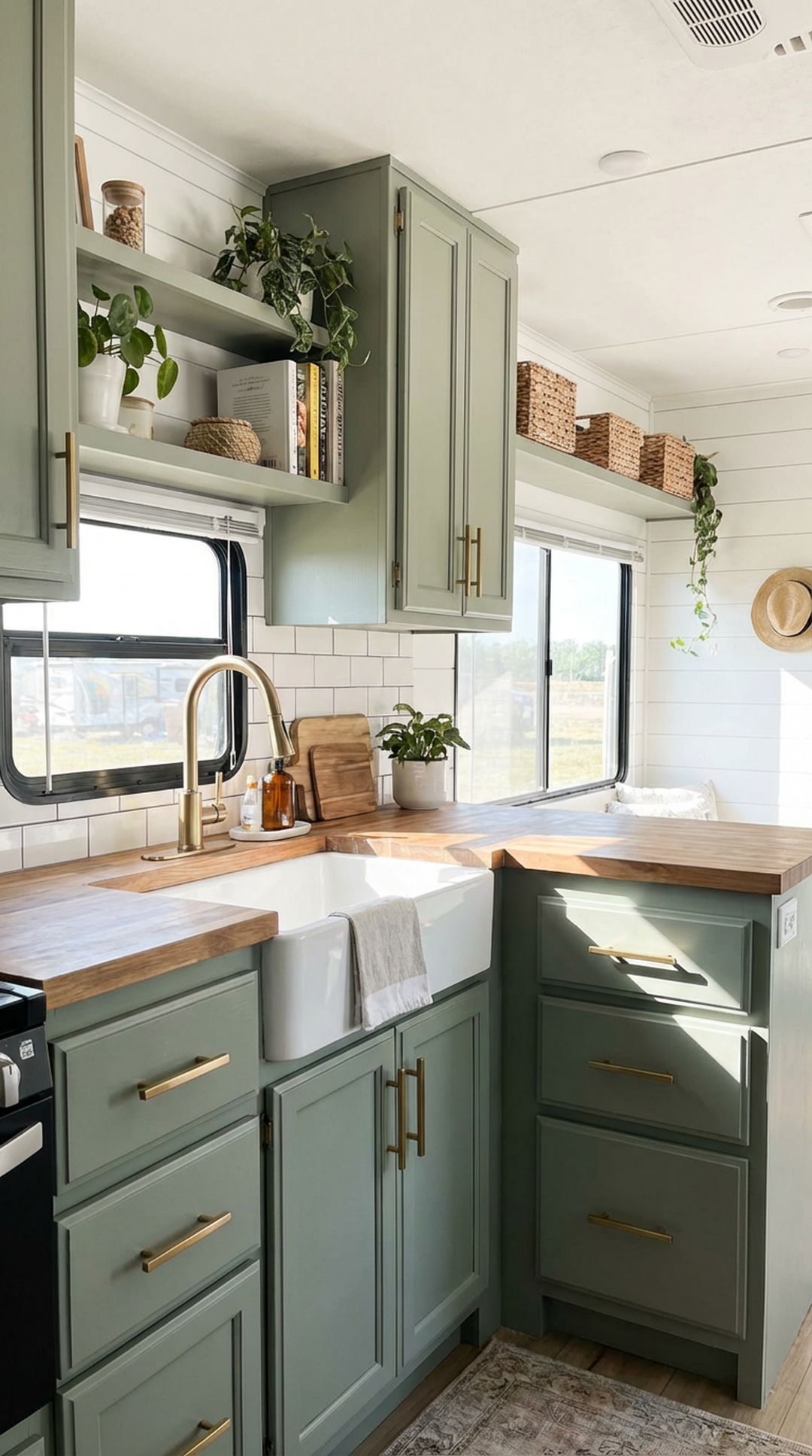 Sage green painted kitchen cabinets in RV