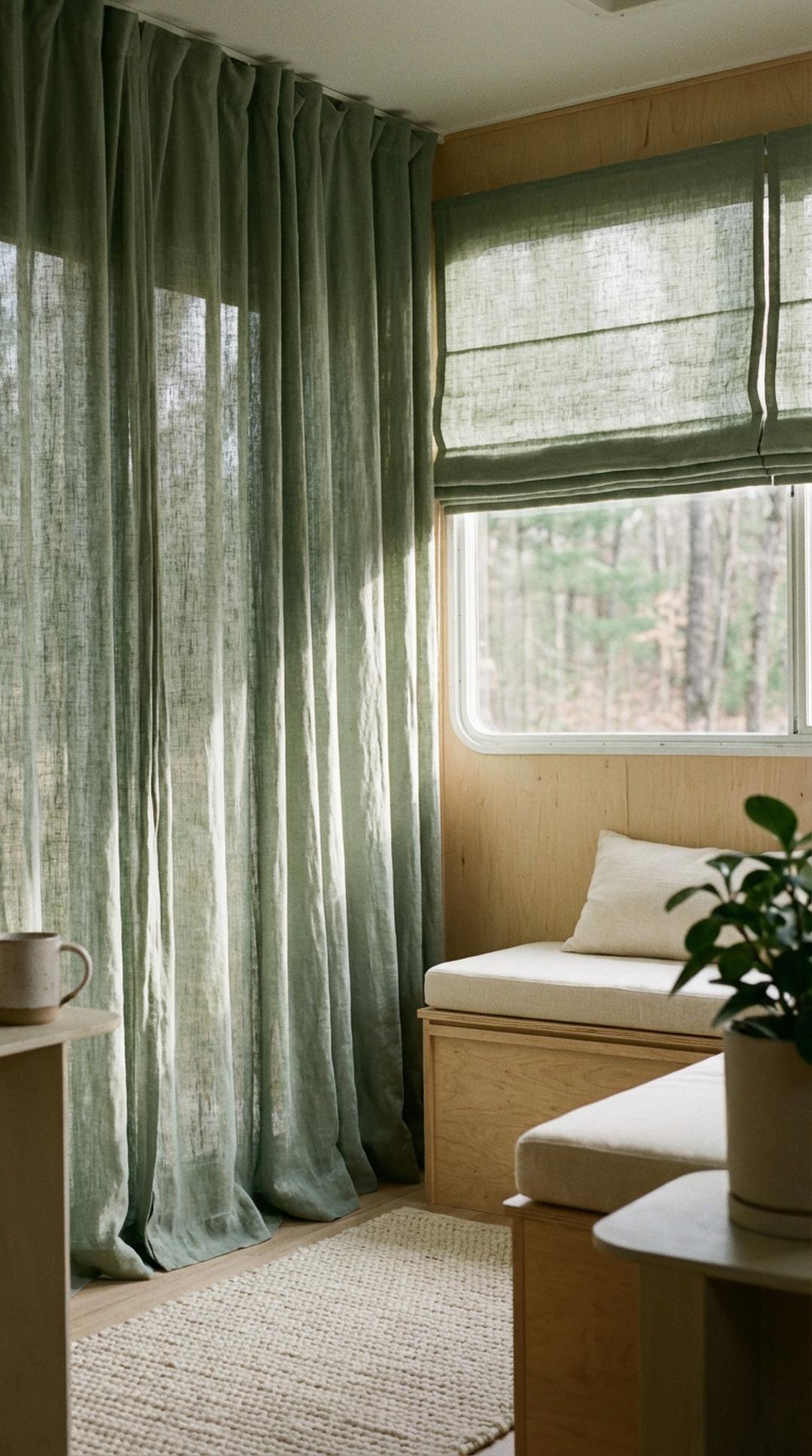 Sage green curtains in RV window
