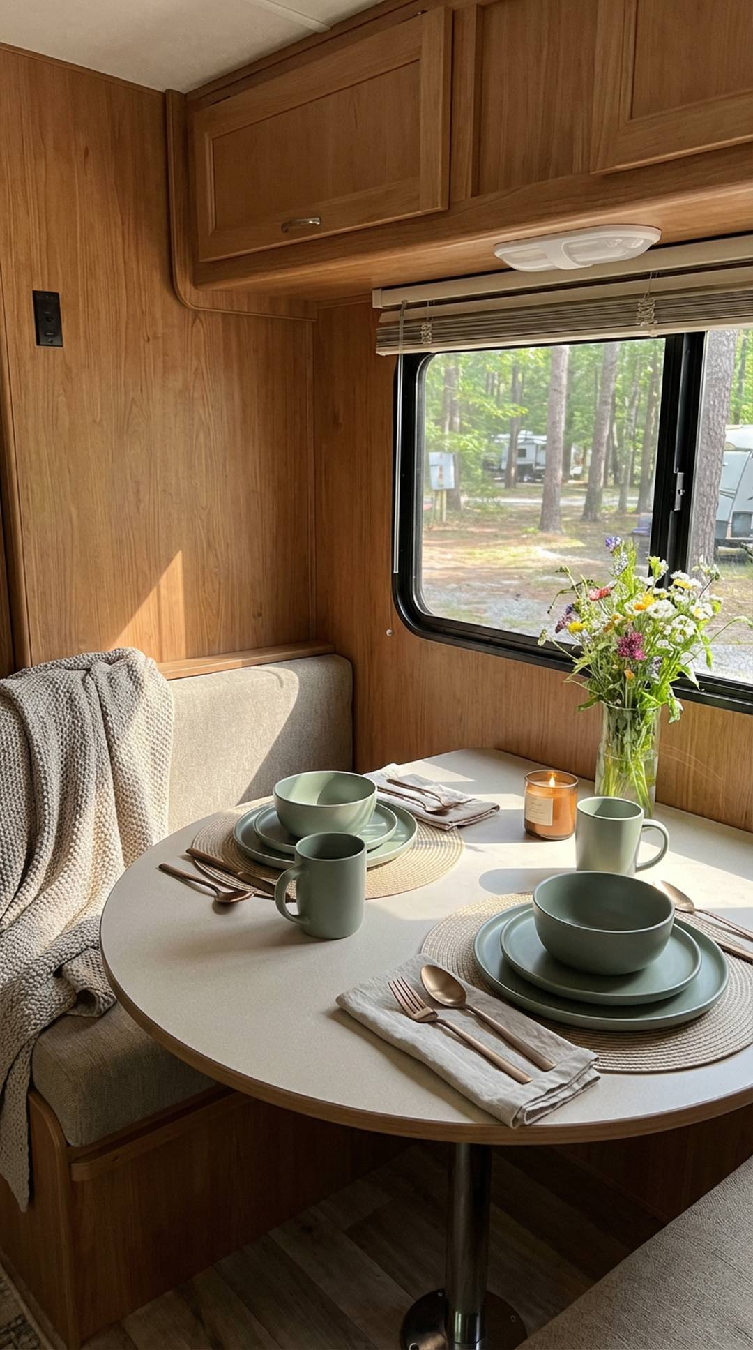 Sage green dinnerware on RV table