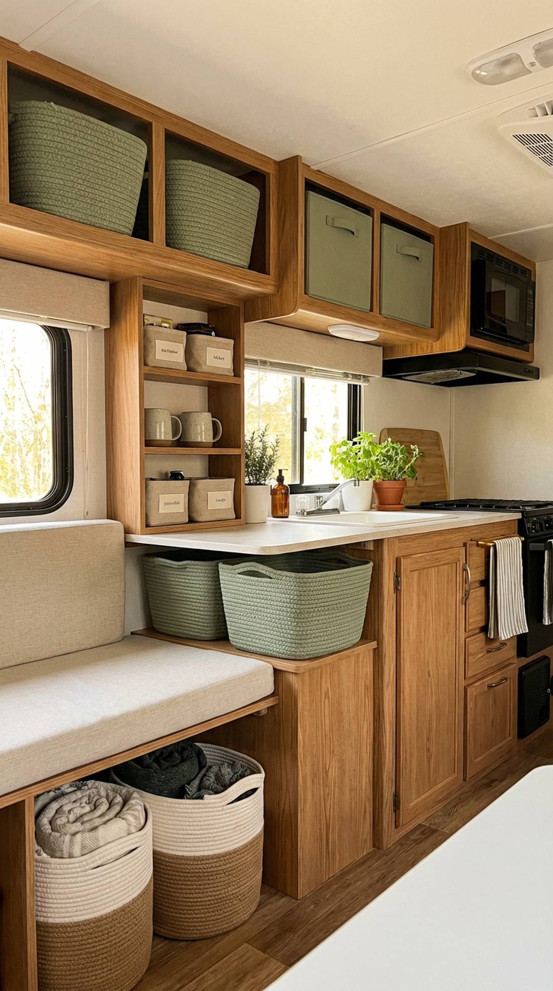 Sage green storage baskets in RV