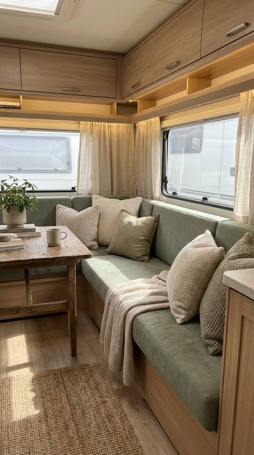 Sage green throw pillows on RV seating