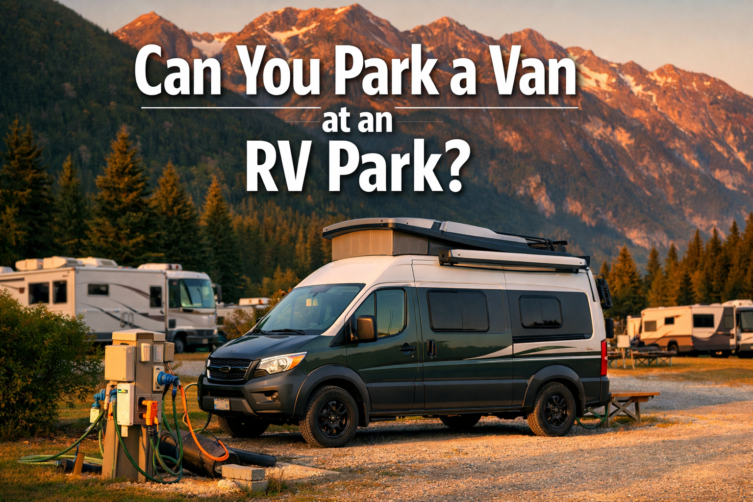 Professional portrait/Pinterest format (1024x1536) hero image featuring bold text overlay 'Can You Park a Van at an RV Park?' in extra large