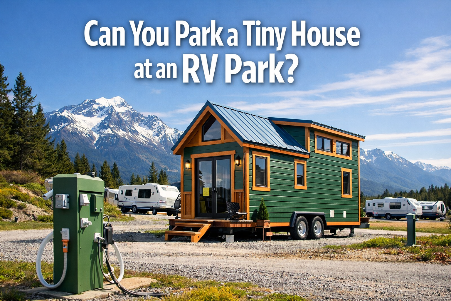 Professional portrait/Pinterest format (1024x1536) hero image featuring bold text overlay 'Can You Park a Tiny House at an RV Park?' in extr