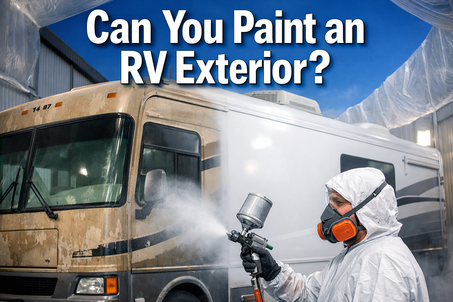 Professional portrait/Pinterest format (1024x1536) hero image featuring bold text overlay 'Can You Paint an RV Exterior?' in extra large 72p