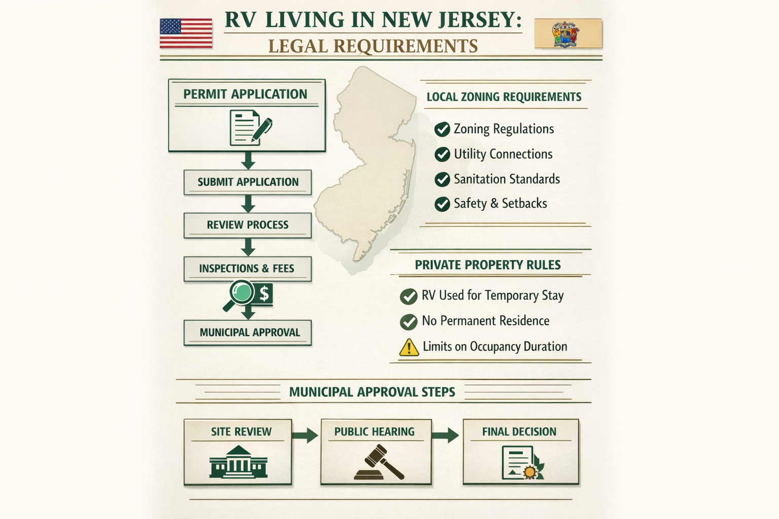 Portrait format (1024x1536) infographic showing New Jersey RV living legal requirements flowchart with permit application process, local zon