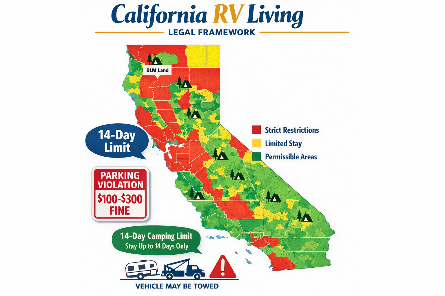 Portrait format (1024x1536) infographic showing California RV living legal framework with state outline map, county restriction zones in red