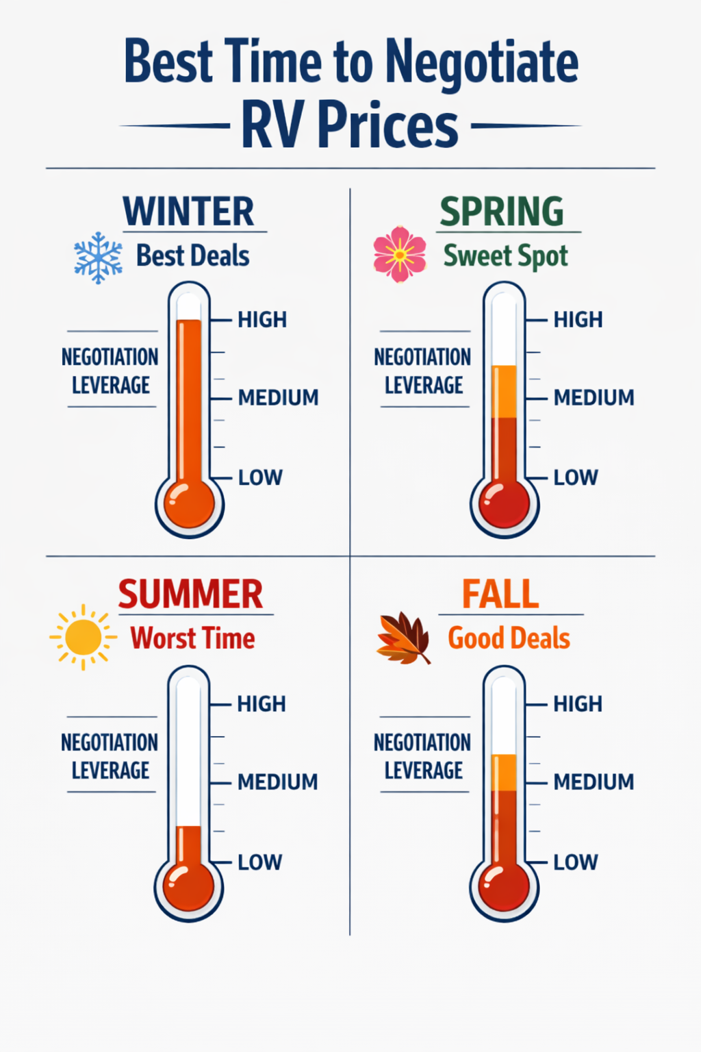 Portrait/Pinterest format (1024x1536) infographic-style image showing a seasonal negotiation power chart for RV buying. Four quadrants label