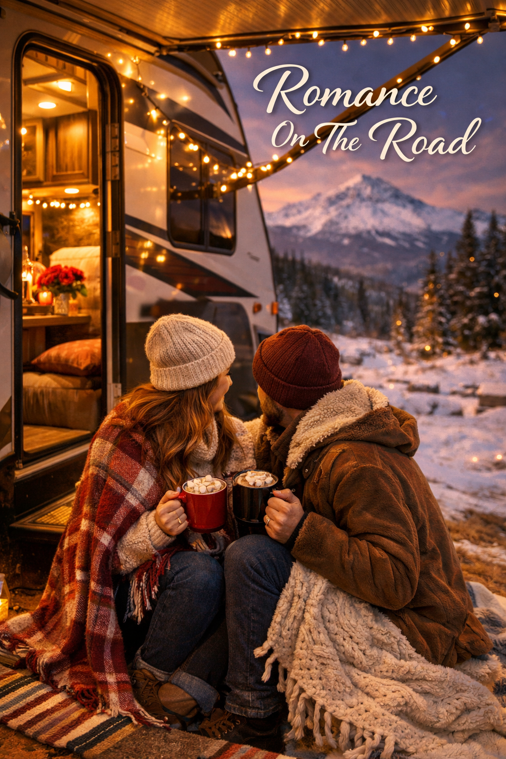 Portrait/Pinterest format (1024x1536) editorial lifestyle image showing a couple sitting together on the steps of a modern RV with cozy blan