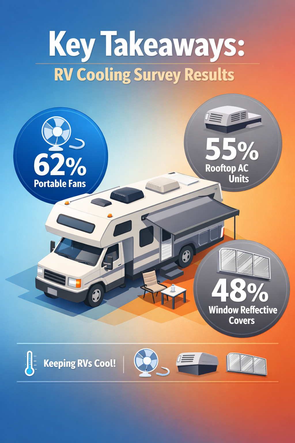 Infographic-style visual for 'Key Takeaways' section depicting RV cooling survey results, featuring a large central isometric RV with color-