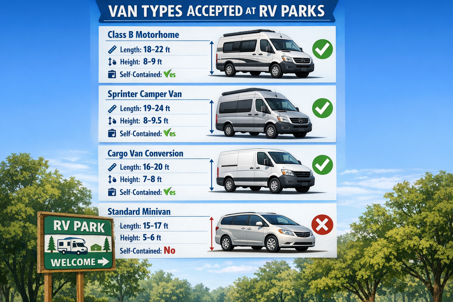 Portrait/Pinterest format (1024x1536) detailed infographic showing different van types accepted at RV parks: Class B motorhome conversion va