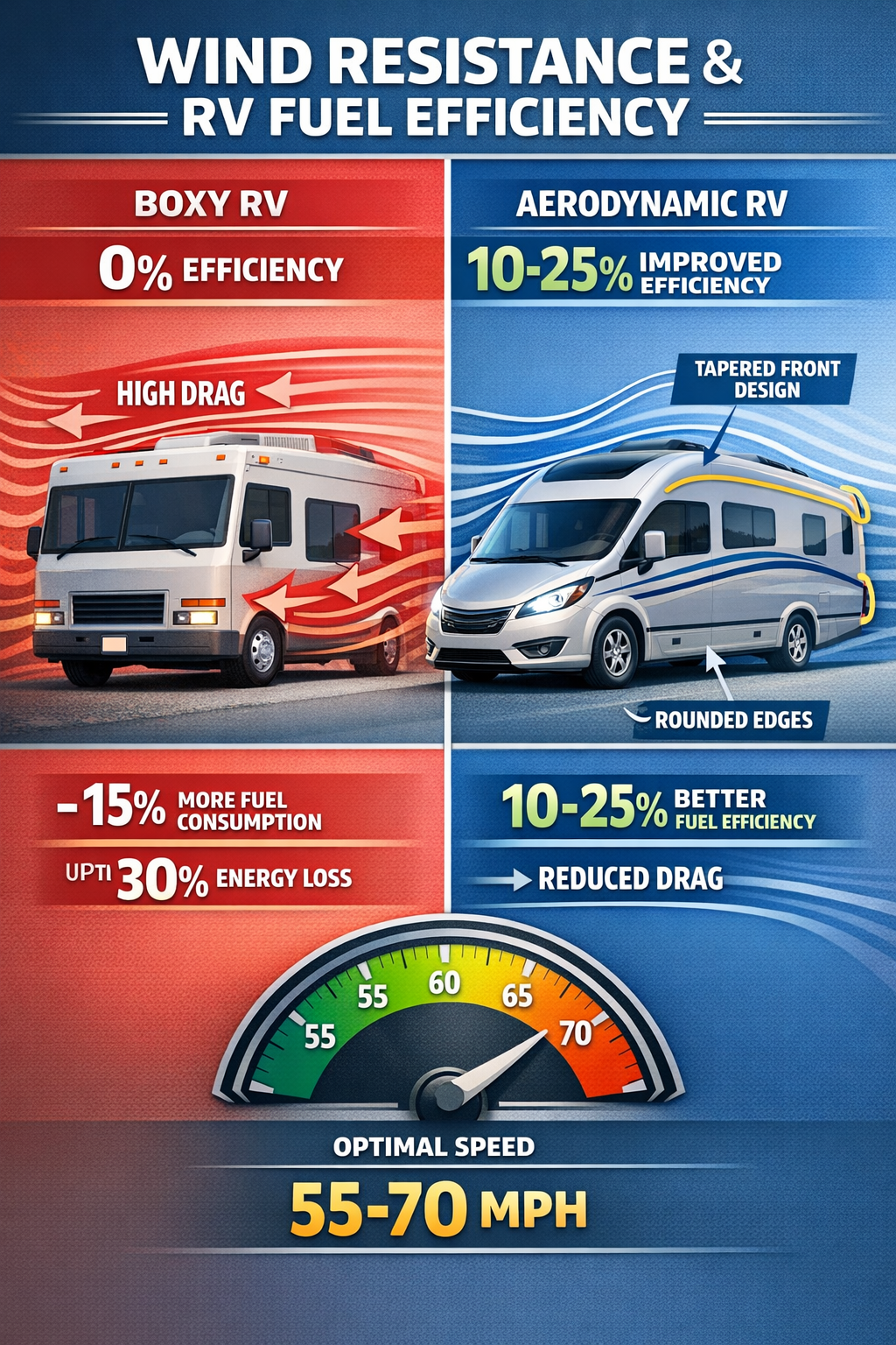 Portrait/Pinterest format (1024x1536) detailed infographic showing wind resistance impact on RV fuel efficiency with split-screen comparison