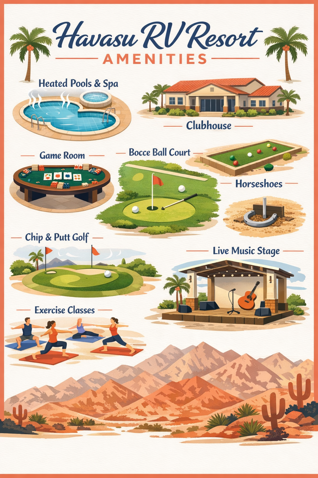 Portrait/Pinterest format (1024x1536) detailed infographic showing Havasu RV Resort amenities layout with illustrated icons: two heated pool