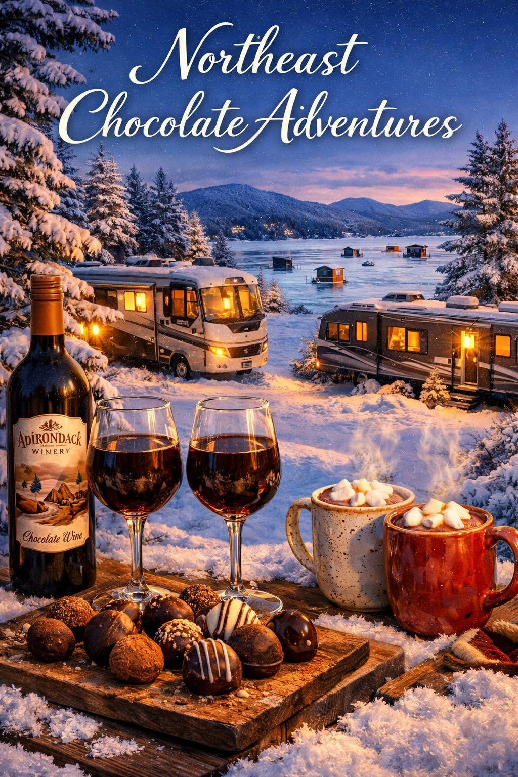 Portrait/Pinterest format (1024x1536) image showing Lake George RV Park in winter wonderland setting with RVs nestled among snow-covered pin