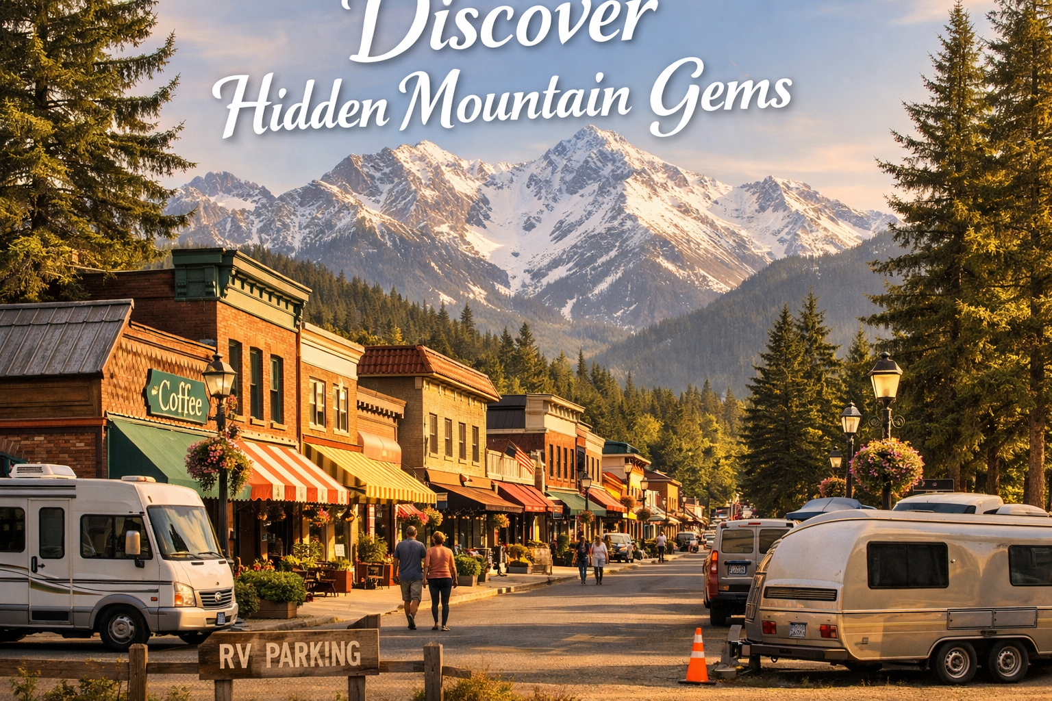 Portrait/Pinterest format (1024x1536) editorial image showing charming mountain town main street with vintage storefronts, RV parking area v