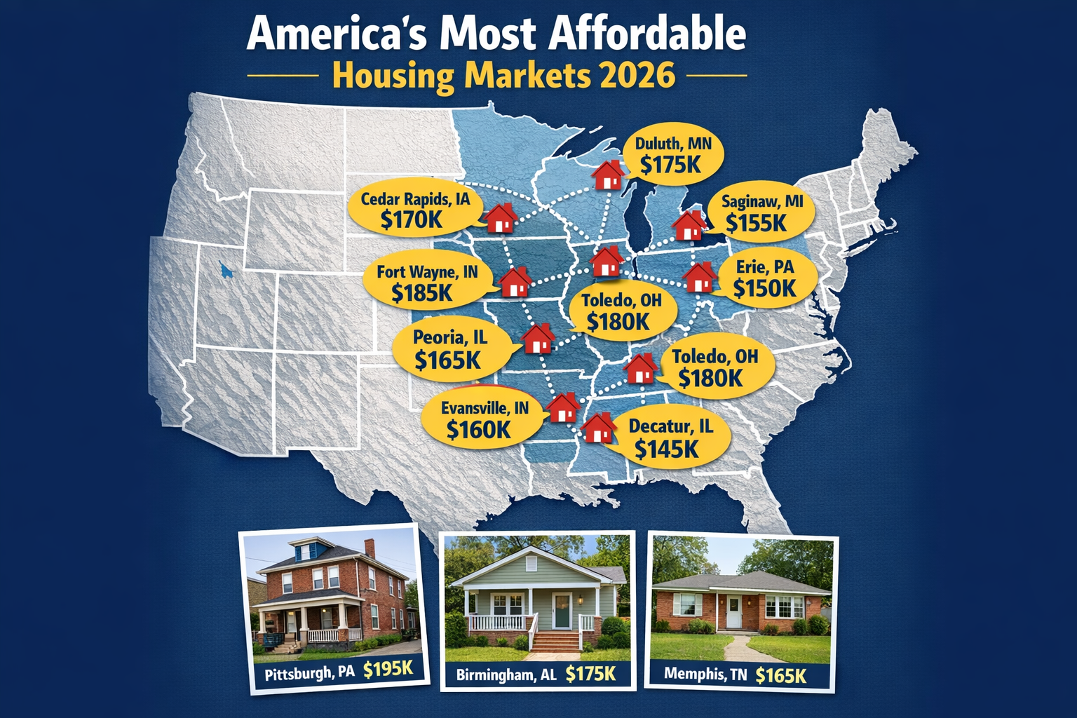 Portrait/Pinterest format (1024x1536) image showing detailed map of United States with 10 towns highlighted and connected by dotted lines, e