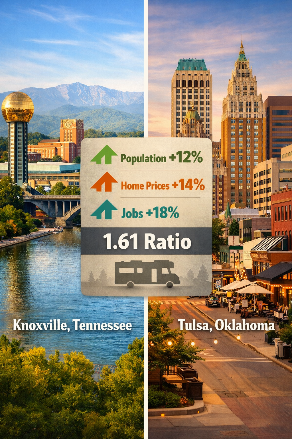 Detailed portrait/Pinterest format (1024x1536) image showing split-screen comparison of five unexpected American cities. Left side features 