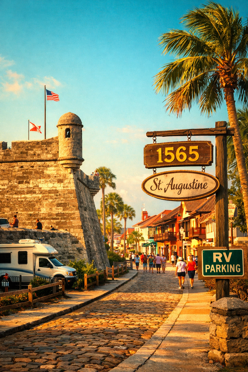 Portrait/Pinterest format (1024x1536) image of St. Augustine, Florida historic district showing Castillo de San Marcos fortress with weather