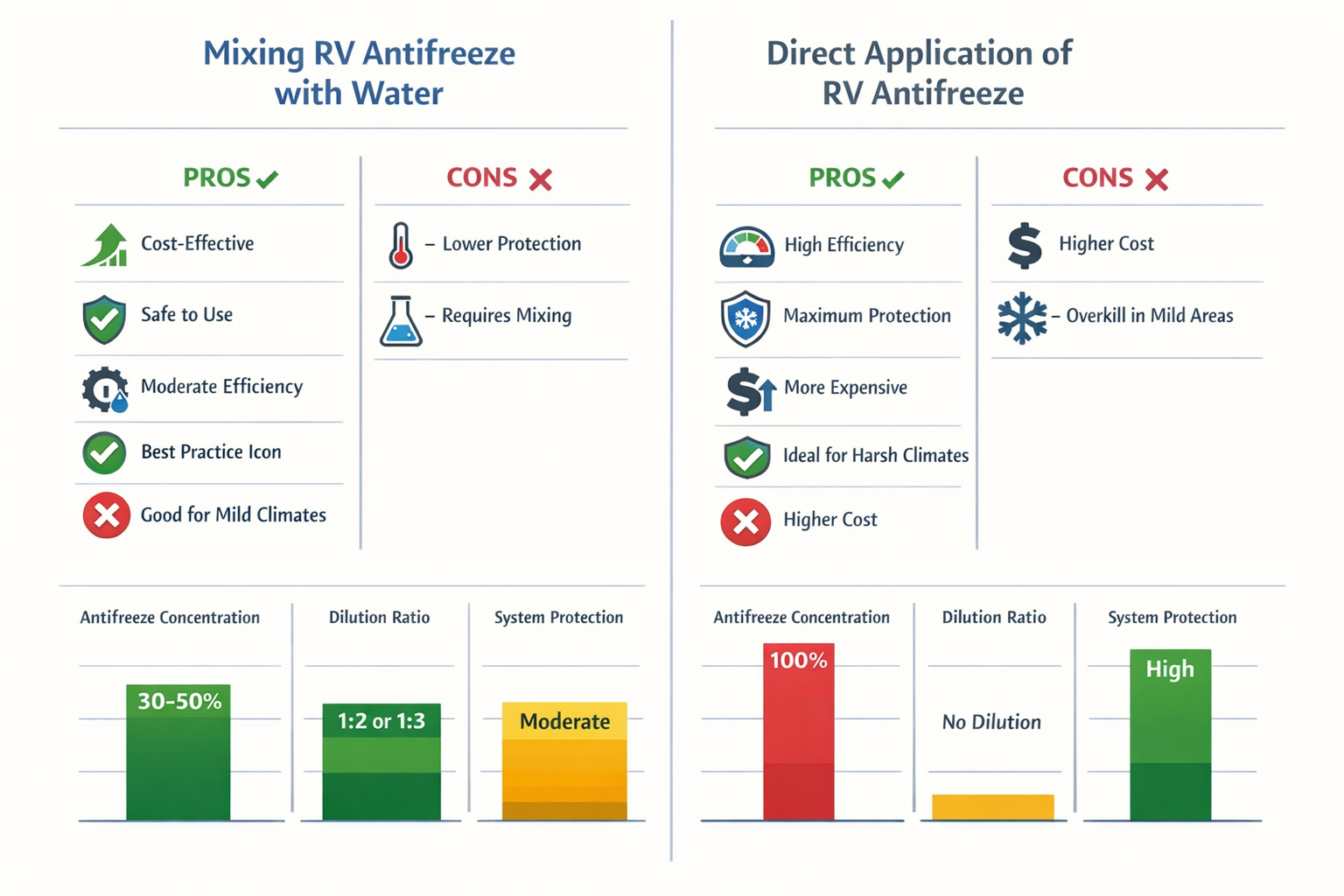 Portrait format (1024x1536) comparison chart displaying pros and cons of mixing RV antifreeze with water versus direct application methods. 