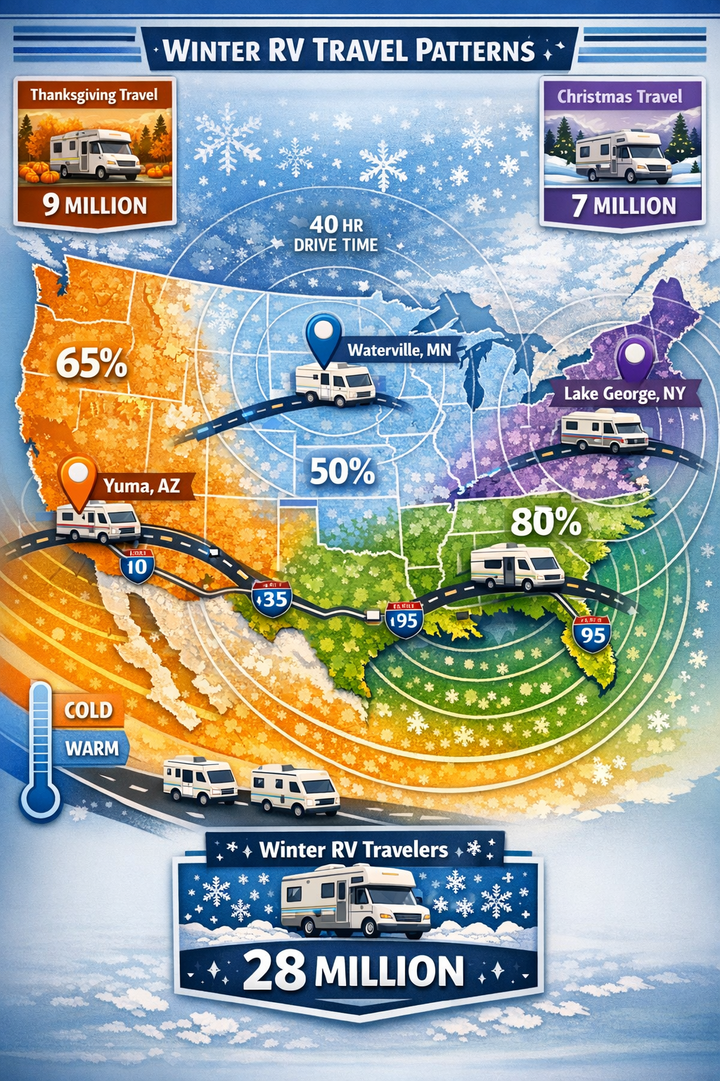 Portrait/Pinterest format (1024x1536) comprehensive visual map of United States showing regional winter RV travel patterns and preferences. 