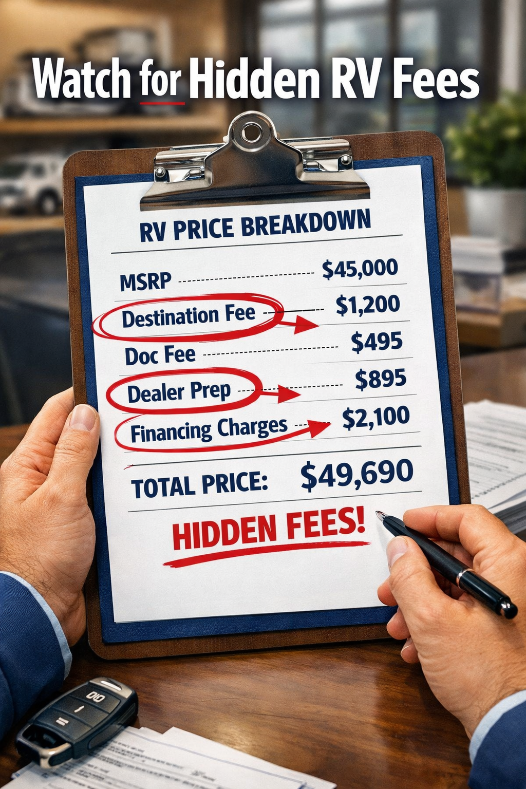 Portrait/Pinterest format (1024x1536) detailed illustration showing an itemized RV price breakdown on a clipboard held by a buyer's hands at