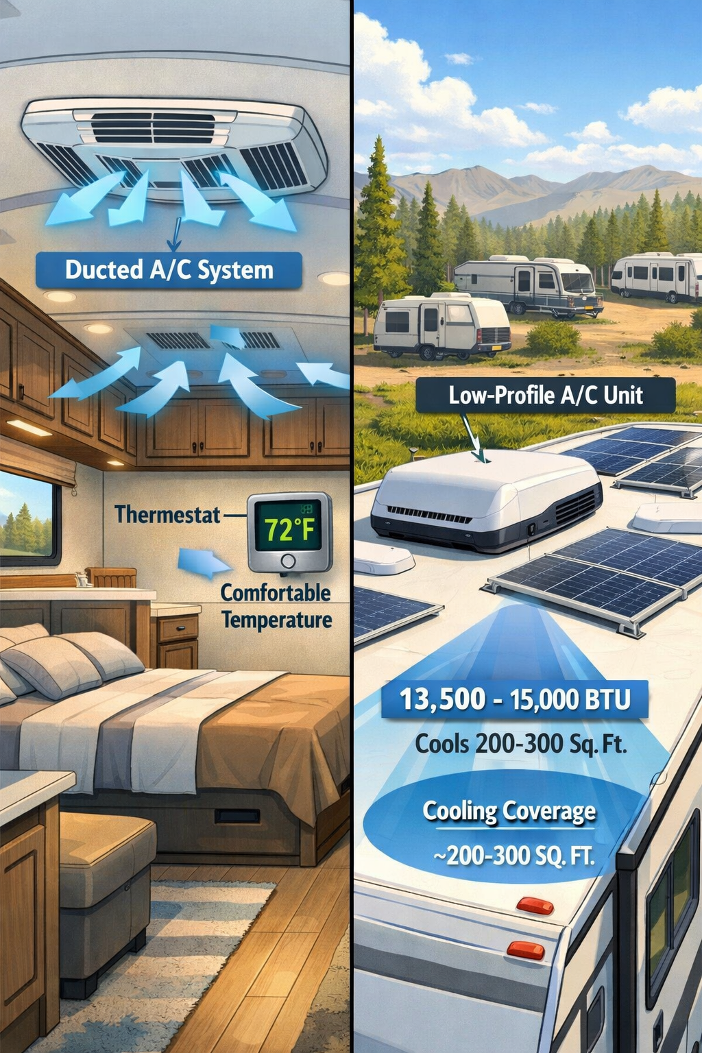Portrait/Pinterest format (1024x1536) split-screen comparison image showing left side: cutaway view of RV interior with roof-mounted air con
