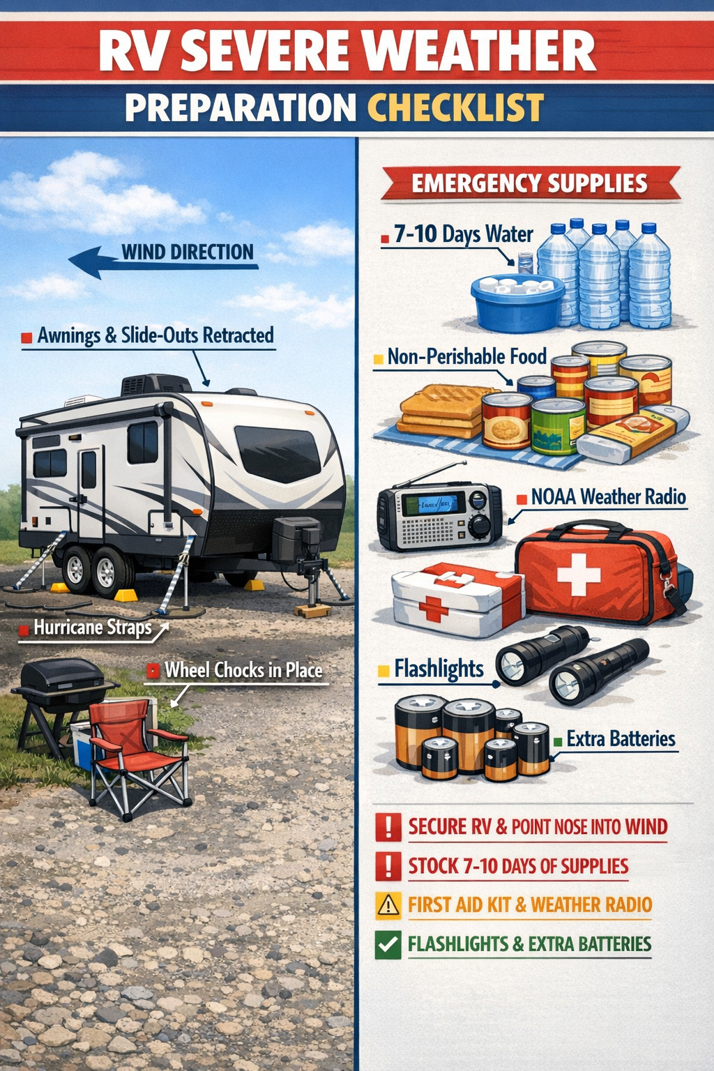Portrait/Pinterest format (1024x1536) comprehensive visual guide showing RV severe weather preparation checklist. Split-screen composition: 