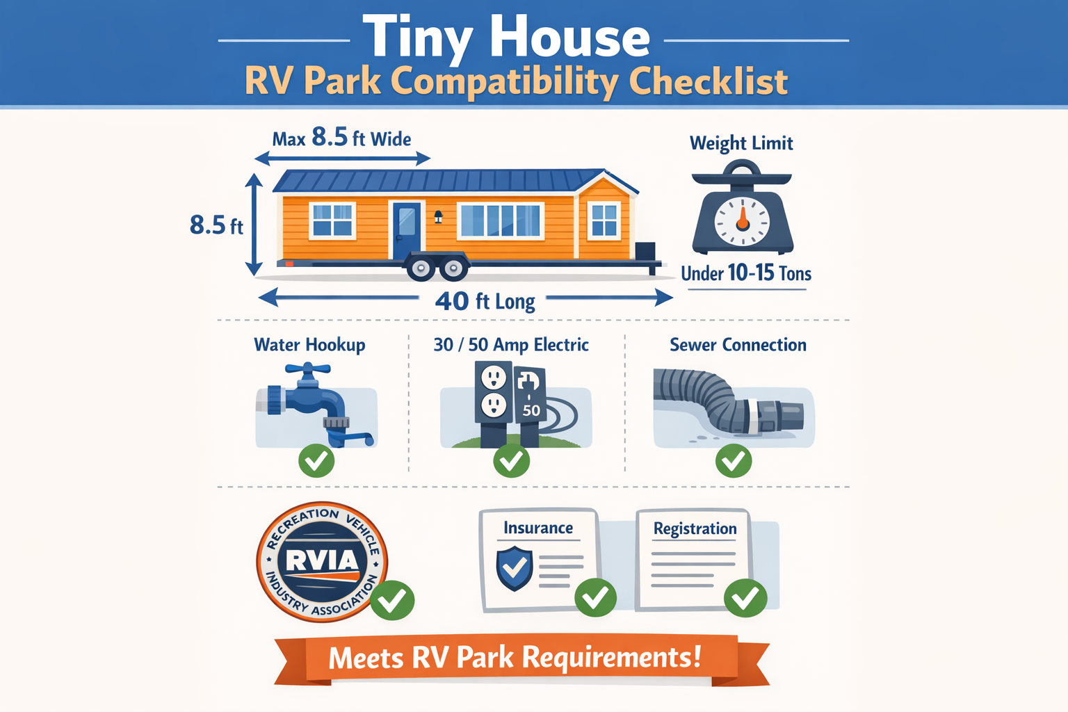 Portrait/Pinterest format (1024x1536) comprehensive checklist illustration showing tiny house specifications for RV park compatibility. Visu