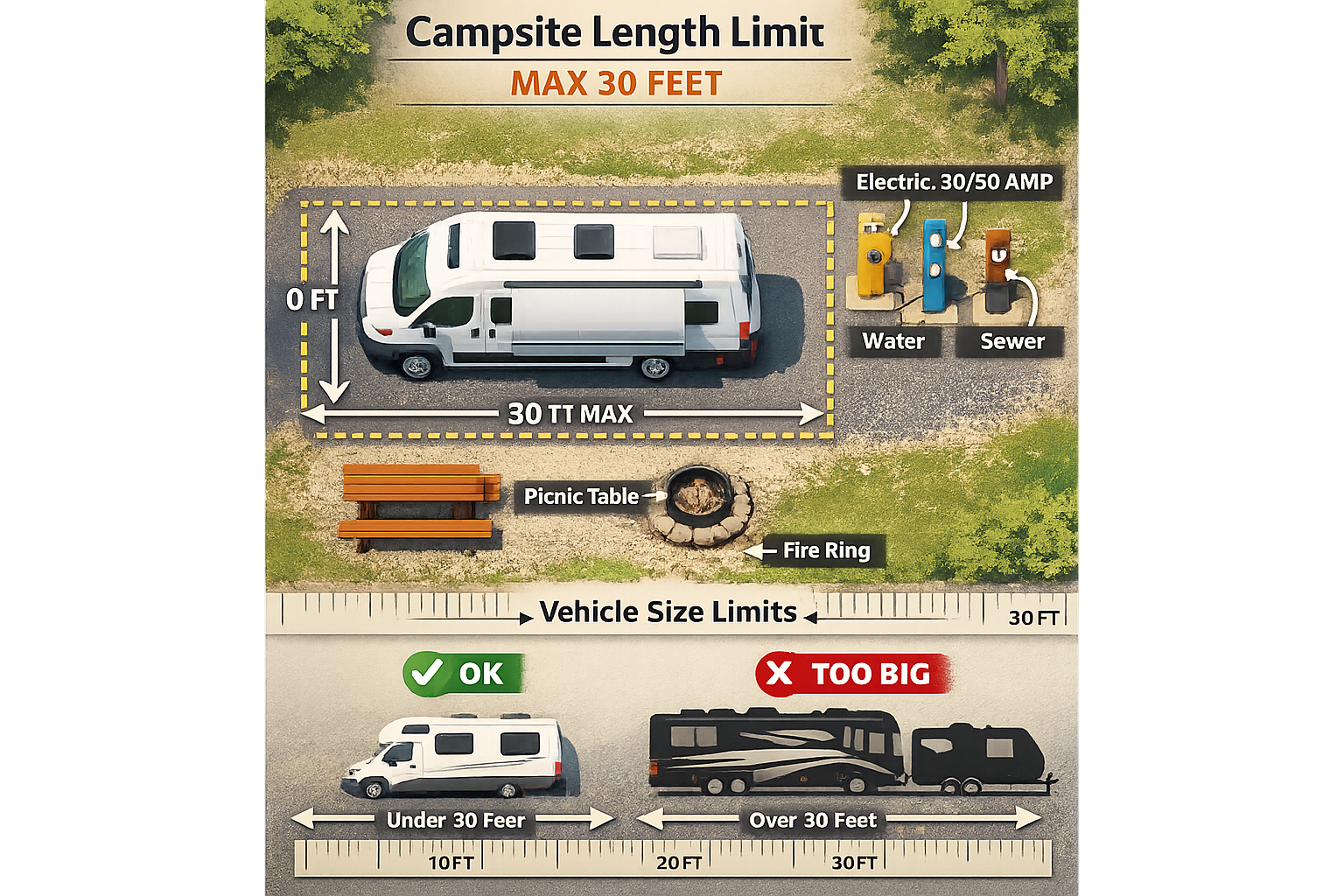 Portrait/Pinterest format (1024x1536) visual guide showing RV park campsite from above with measurement overlay indicating 30-foot maximum l
