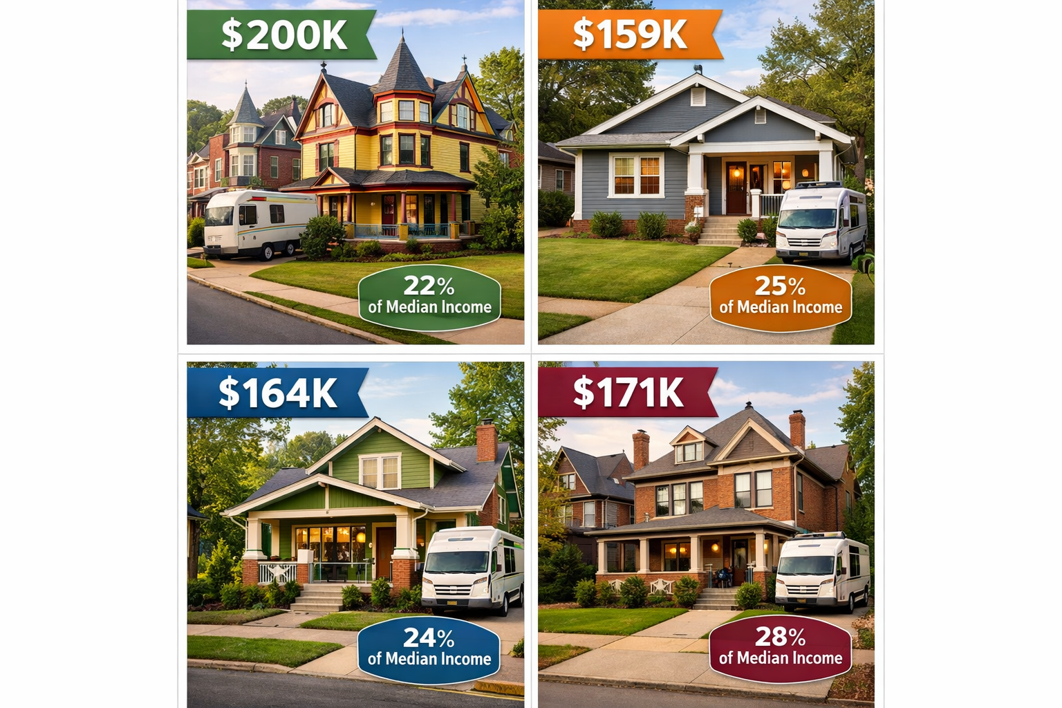 Portrait/Pinterest format (1024x1536) split comparison image showing four quadrants: top-left displays charming Pittsburgh neighborhood with