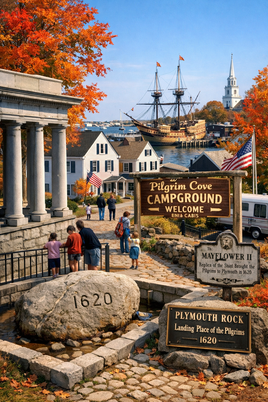 Portrait/Pinterest format (1024x1536) image showcasing New England colonial town scene with Plymouth Rock memorial, Mayflower II ship replic