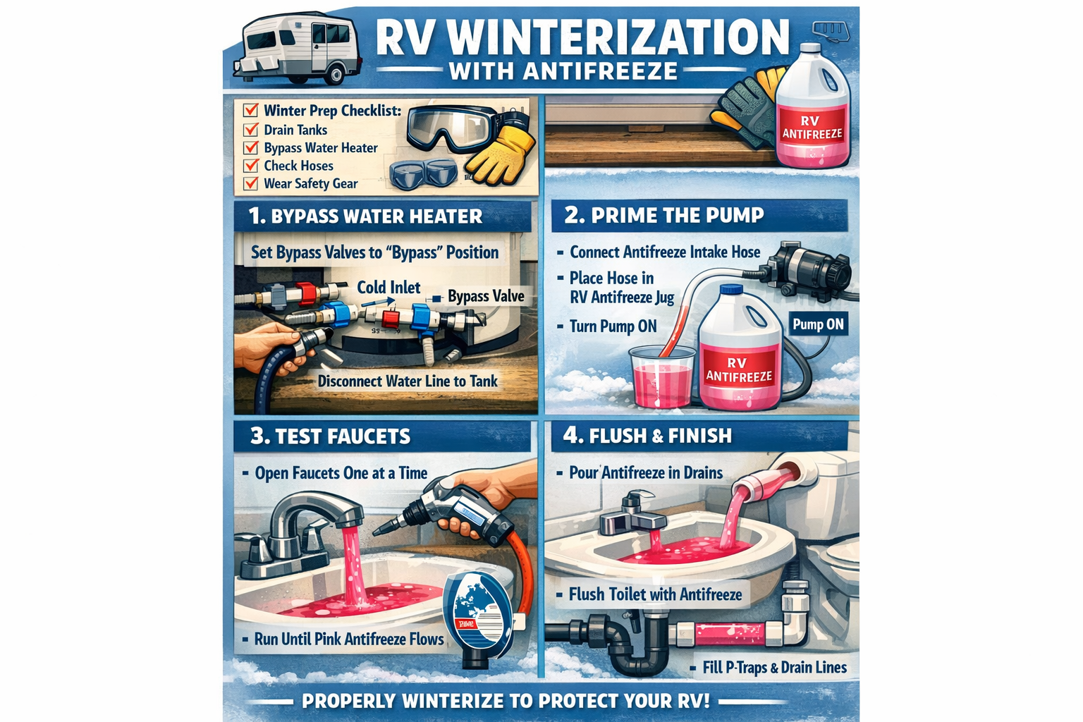 Portrait format (1024x1536) step-by-step visual guide showing proper RV winterization techniques with antifreeze application. Sequential pan