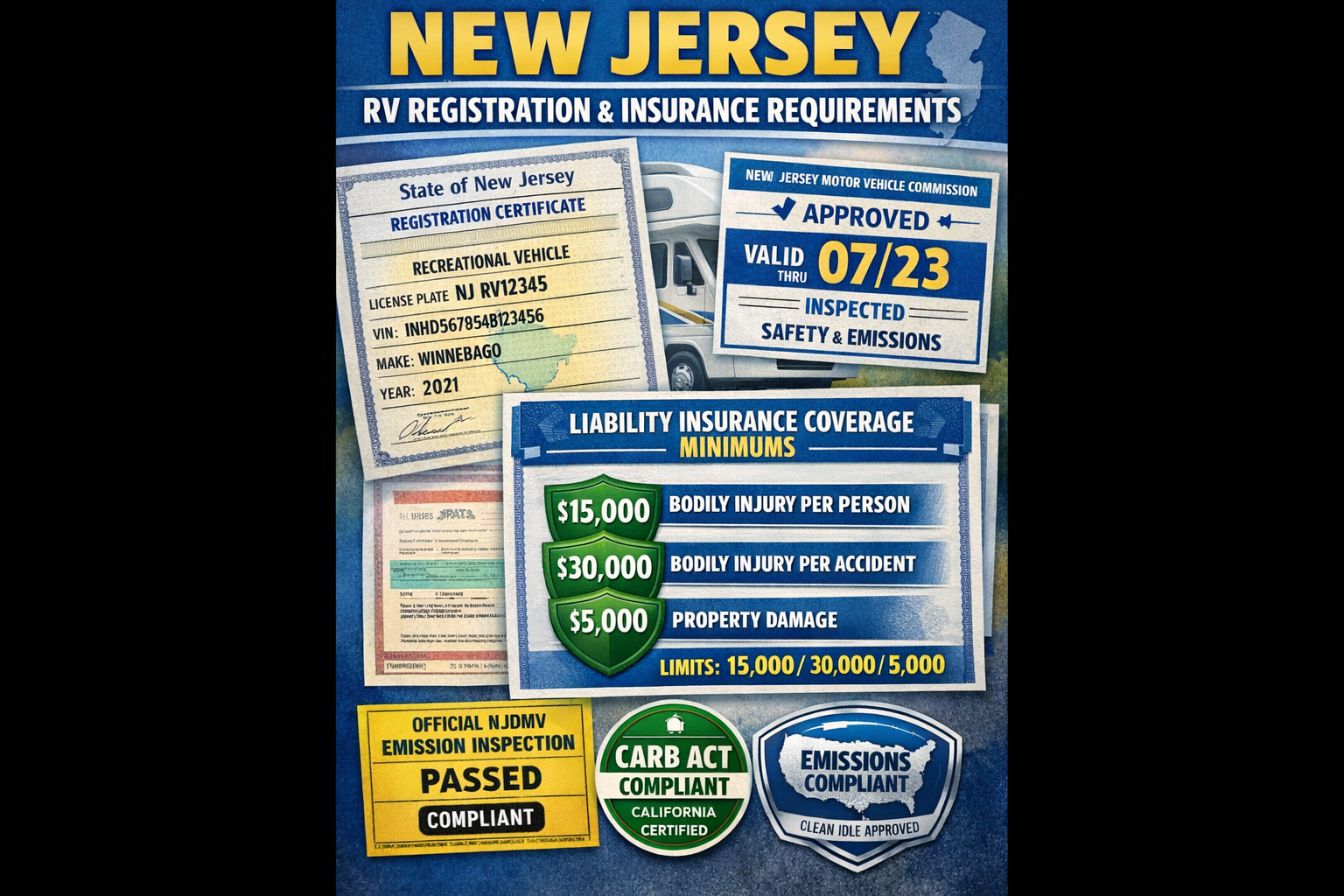 Portrait format (1024x1536) comprehensive insurance and registration requirements visualization featuring New Jersey RV registration documen