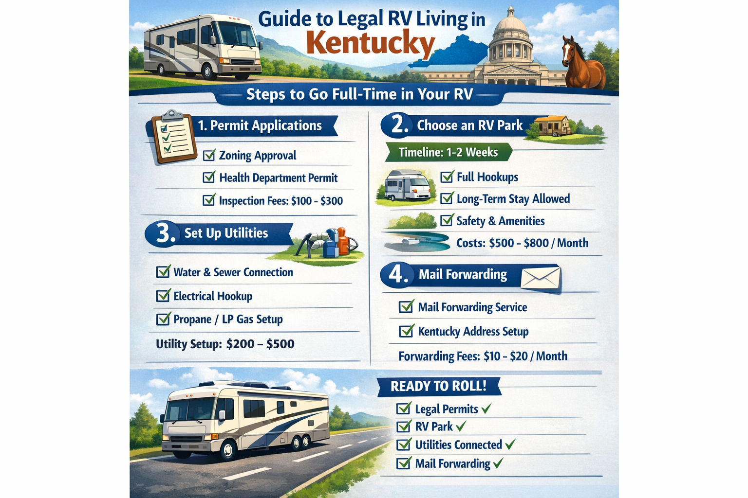 Portrait format (1024x1536) practical guide visualization showing step-by-step process for legal RV living in Kentucky - permit applications