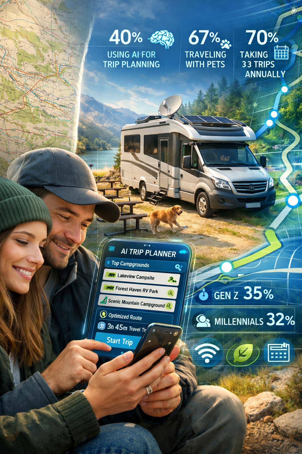 Portrait/Pinterest format (1024x1536) futuristic technology-meets-nature scene showing modern RV lifestyle evolution in 2026. Foreground fea