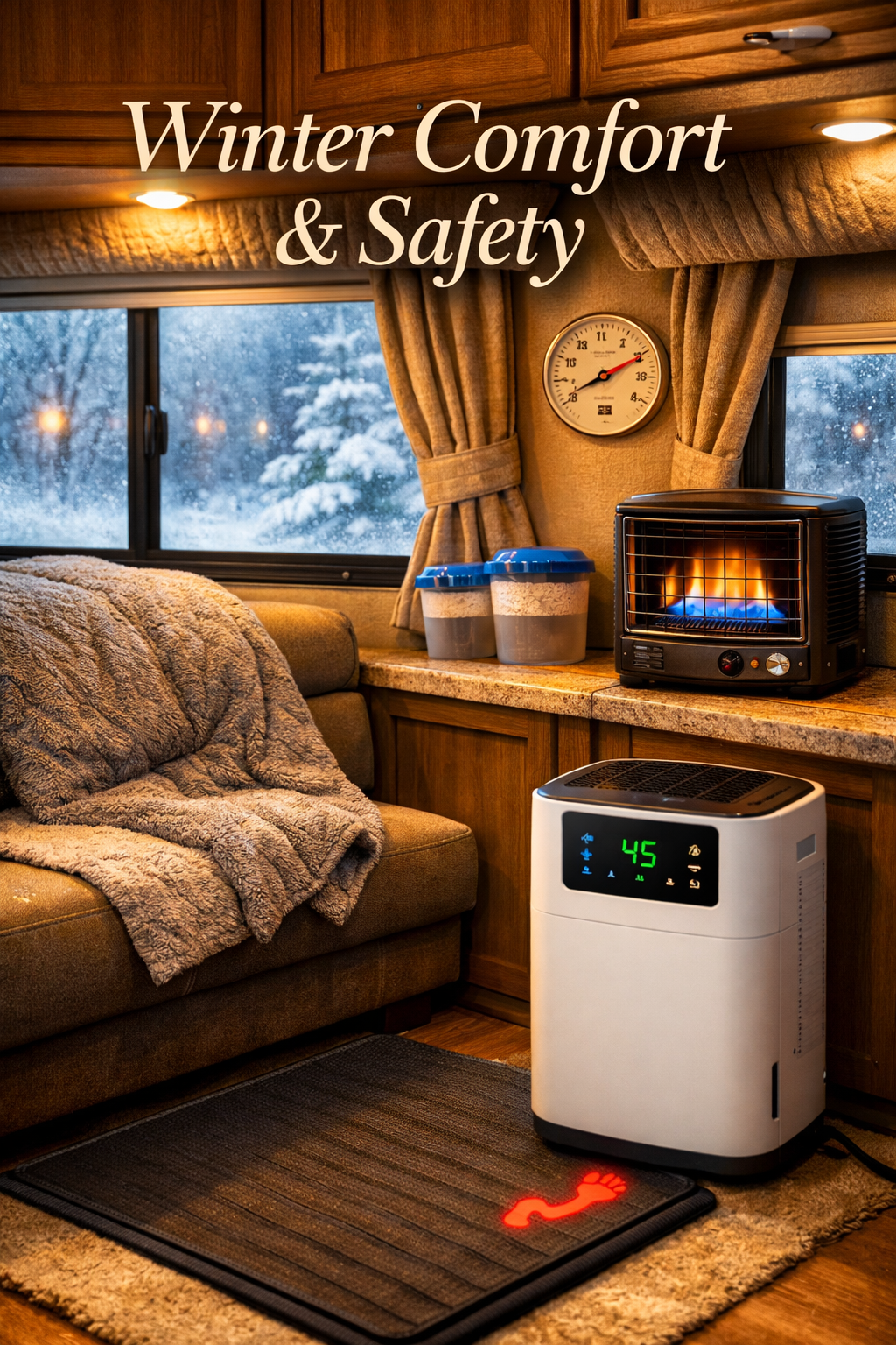 Portrait/Pinterest format (1024x1536) cozy RV interior scene showing winter comfort upgrades. Foreground features thermal blankets on seatin