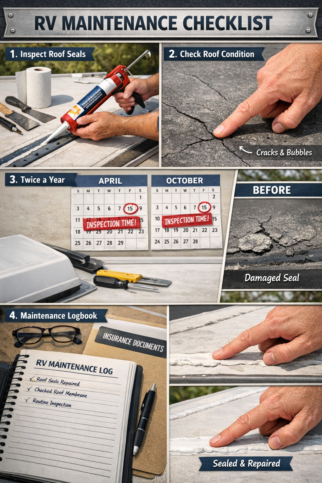 Portrait/Pinterest format (1024x1536) comprehensive RV maintenance checklist visual featuring hands inspecting roof sealant with caulking gu