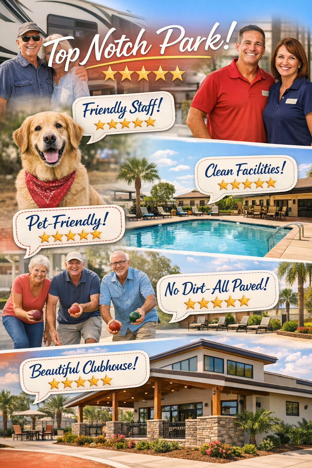 Portrait/Pinterest format (1024x1536) testimonial collage featuring five-star rating graphics in gold, speech bubble quotes overlaid on back