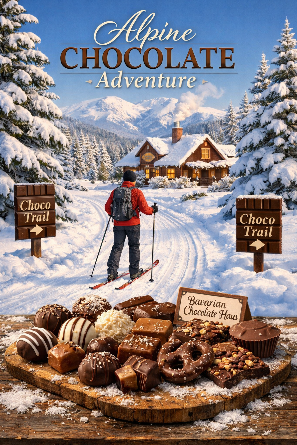 Portrait/Pinterest format (1024x1536) image showing White Mountains cross-country skiing trail with chocolate festival theme. Skier on groom