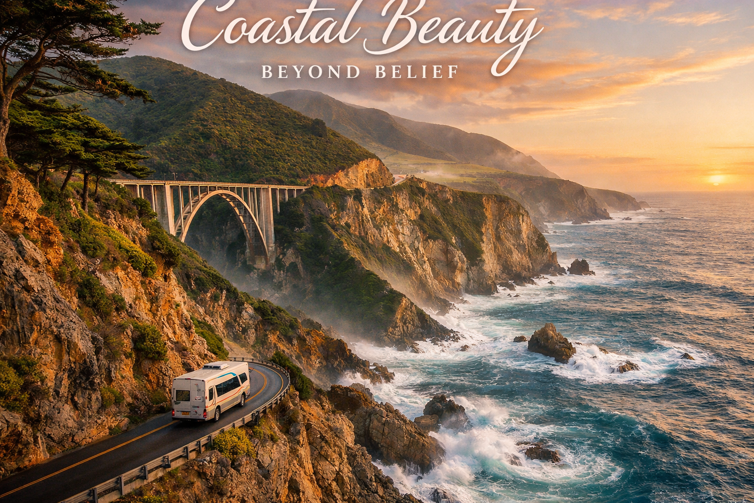 Portrait/Pinterest format (1024x1536) breathtaking coastal scene of Big Sur, California with dramatic cliffs plunging into Pacific Ocean, Bi