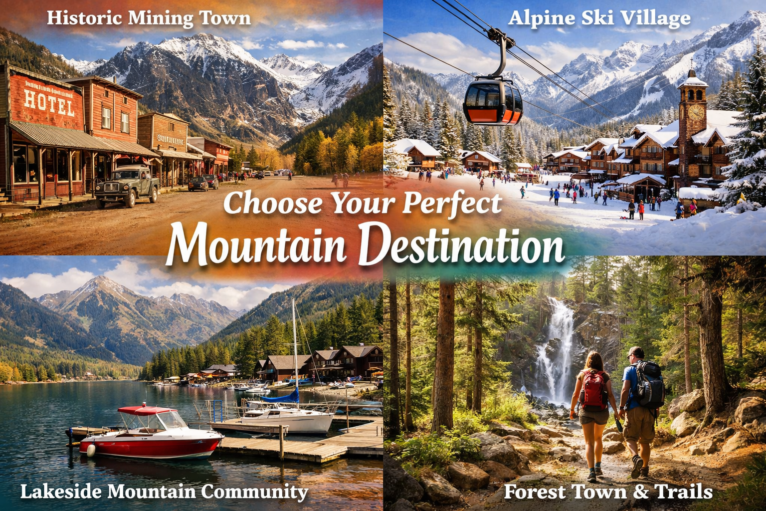 Portrait/Pinterest format (1024x1536) split-screen composition showing four different mountain town scenes: historic mining town with preser