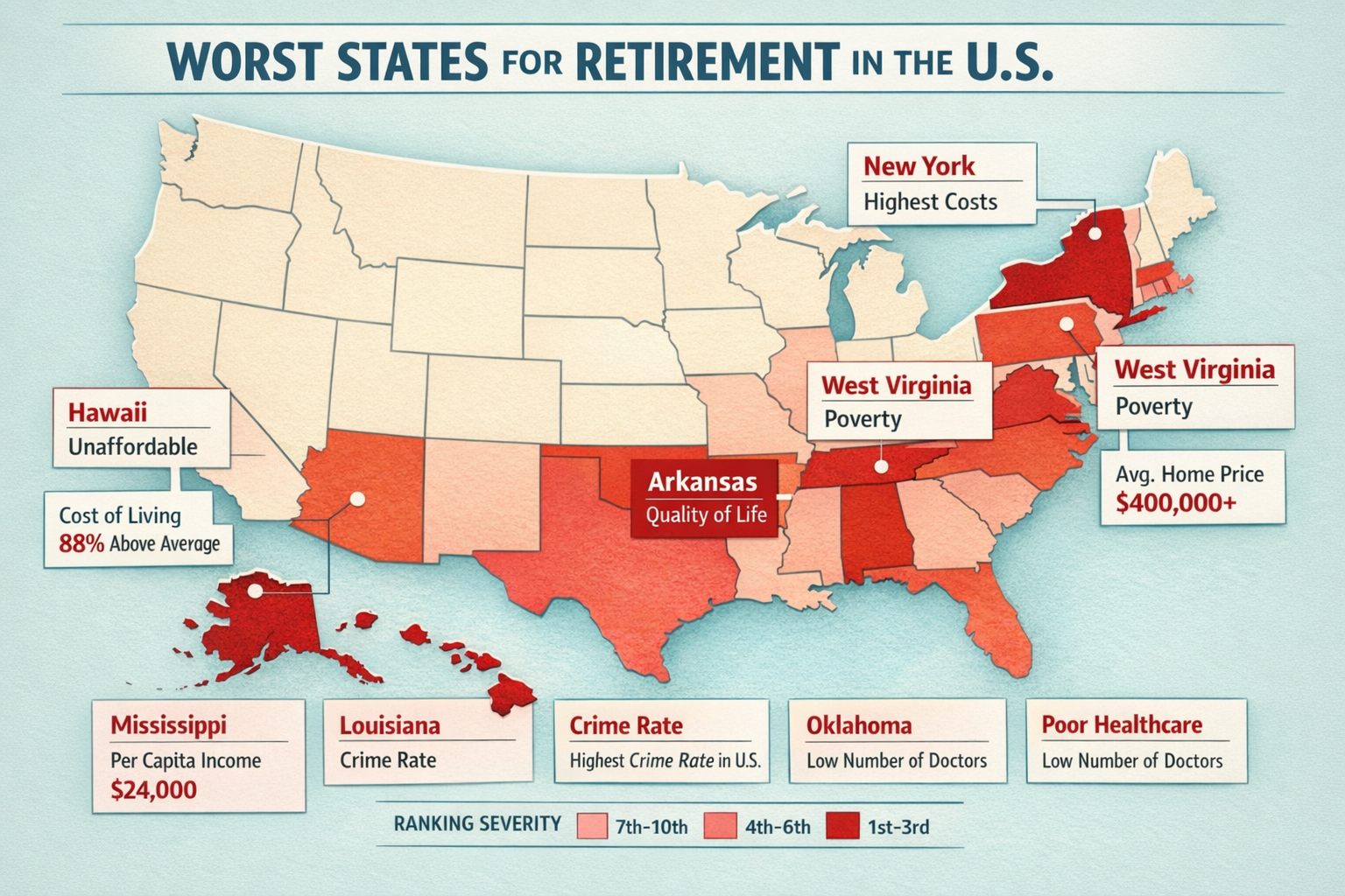 Portrait/Pinterest format (1024x1536) illustrated map of United States highlighting bottom 10 retirement states in graduated red shades from