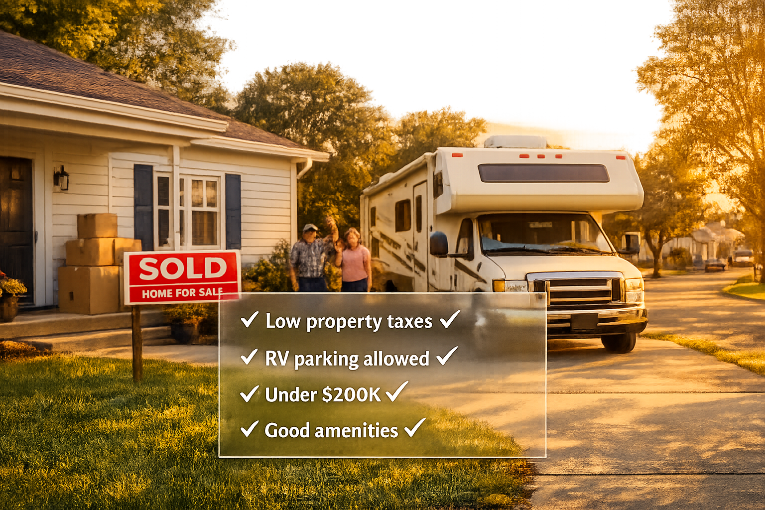 Portrait/Pinterest format (1024x1536) lifestyle image showing RV parked in driveway of affordable starter home in small American town, with 