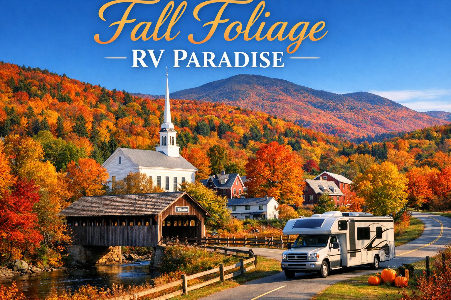 Portrait/Pinterest format (1024x1536) enchanting autumn scene in Stowe, Vermont showing white church steeple rising above brilliant fall fol