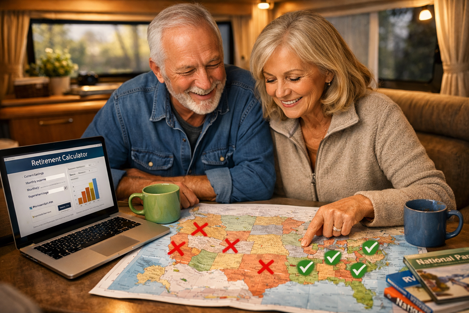 Portrait/Pinterest format (1024x1536) RV travel planning scene showing senior couple in modern motorhome interior reviewing large fold-out U