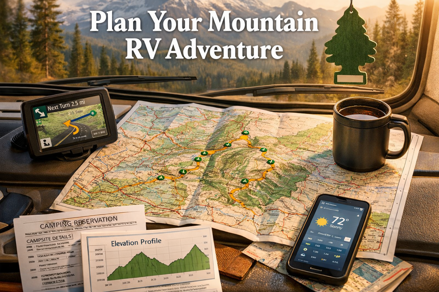 Portrait/Pinterest format (1024x1536) practical planning image showing open road map spread across RV dashboard, GPS device, coffee mug, mou