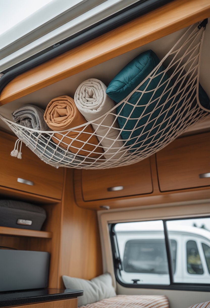 Overhead mesh storage net inside a small camper holding blankets and bags, with wooden cabinets and natural light.
