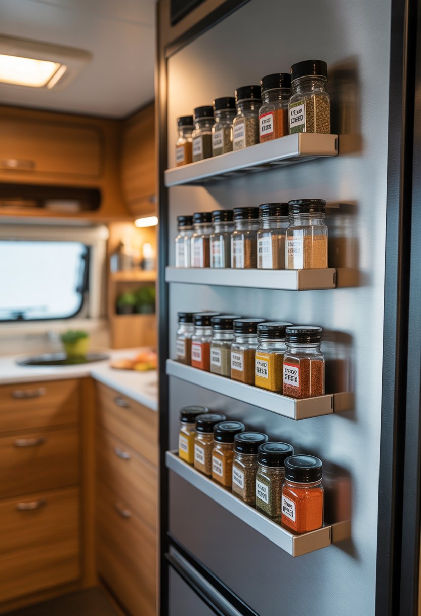 Magnetic spice jars attached to metal strips inside a small camper kitchen, with spices visible inside the jars and wooden cabinetry in the background.